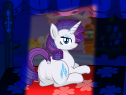 Size: 800x600 | Tagged: safe, alternate version, artist:zeka10000, rarity, pony, unicorn, g4, bed, bedroom, bedroom eyes, boutique, butt, carousel boutique, dock, featureless crotch, female, light, looking at you, looking back, looking back at you, lying, night, on bed, plot, prone, rearity, solo