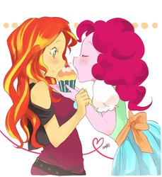 Size: 1878x2048 | Tagged: safe, artist:ku_rimo, pinkie pie, sunset shimmer, equestria girls, g4, blushing, clothes, cupcake, eating, eyes closed, female, food, lesbian, open mouth, ship:sunsetpie, shipping, simple background, white background