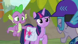 Size: 1920x1080 | Tagged: safe, screencap, dusty pages, spike, twilight sparkle, alicorn, dragon, earth pony, pony, g4, the point of no return, elderly, female, goggles, helmet, lidded eyes, male, mare, pointing, raised eyebrow, raised hoof, saddle bag, trio, twilight sparkle (alicorn), winged spike, wings