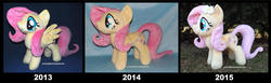 Size: 1600x493 | Tagged: safe, artist:peruserofpieces, fluttershy, pegasus, pony, g4, accessory, comparison, female, flower, flower in hair, folded wings, happy, irl, long tail, mare, photo, plush this again, plushie, profile, smiling, solo, then and now, wings