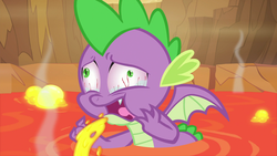 Size: 1920x1080 | Tagged: safe, screencap, spike, dragon, g4, my little pony: friendship is magic, season 9, sweet and smoky, bloodshot eyes, crying, dragon lands, lava, male, out of context, pain, solo, winged spike, wings, you know for kids