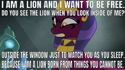 Size: 639x359 | Tagged: safe, edit, edited screencap, editor:undeadponysoldier, screencap, the sphinx, sphinx, daring done?, g4, angry, badass, caption, crown, edgy, female, hollywood undead, image macro, jewelry, lion (song), looking at you, lyrics, pyramid, regalia, solo, song reference, statue, temple, text