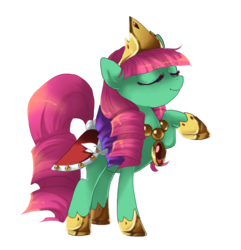 Size: 724x750 | Tagged: safe, artist:loyaldis, ivy, earth pony, pony, g2, crown, eyes closed, female, hoof shoes, jewelry, mare, raised hoof, regalia, simple background, solo, transparent background
