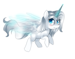 Size: 760x600 | Tagged: safe, artist:loyaldis, silver glow (g2), alicorn, pony, g2, artificial wings, augmented, blushing, female, glowing, glowing horn, horn, magic, magic aura, magic wings, mare, simple background, smiling, solo, tail, transparent background, wings