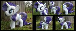 Size: 4350x1754 | Tagged: safe, artist:peruserofpieces, rarity, pony, unicorn, g4, female, grass, horn, irl, mare, multiple views, outdoors, photo, plushie, profile, smiling, solo, toy