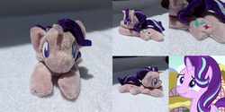 Size: 3176x1588 | Tagged: safe, artist:plushbyanto, screencap, starlight glimmer, pony, unicorn, all bottled up, g4, beanie (plushie), chibi, female, front view, horn, irl, lying down, mare, minky, no mouth, no nose, no pupils, photo, plushie, profile, prone, reformed starlight, smiling, sploot, toy