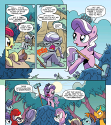 Size: 2107x2373 | Tagged: safe, artist:brenda hickey, idw, official comic, apple bloom, diamond tiara, featherweight, silver spoon, snails, snips, sweetie belle, twist, earth pony, pegasus, pony, unicorn, g4, spoiler:comic, spoiler:comicspiritoftheforest01, braid, cleaning, comic, female, filly, foal, forest, high res, hoof hold, magnetic hooves, speech, speech bubble