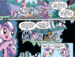 Size: 1894x1450 | Tagged: safe, artist:brenda hickey, idw, official comic, diamond tiara, filthy rich, spoiled rich, sweetie belle, earth pony, pony, unicorn, g4, spoiler:comic, spoiler:comicspiritoftheforest01, cleaning, comic, cute, diamondbetes, father and daughter, female, filly, foal, forest, great grandmother, jewelry, male, mare, mother and daughter, reminiscing, rich family, speech bubble, stallion, tiara, trash bag, younger
