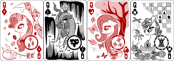 Size: 2540x889 | Tagged: safe, artist:virenth, cozy glow, fluttershy, queen chrysalis, rarity, butterfly, changeling, changeling queen, g4, chess, crown, egg, female, flower, gemstones, jewelry, leaf, marionette, nest, playing card, queen of clubs, queen of diamonds, queen of hearts, queen of spades, regalia, rook, rose, scissors