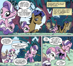Size: 1893x1726 | Tagged: safe, artist:brenda hickey, idw, official comic, diamond tiara, filthy rich, sweetie belle, earth pony, pony, unicorn, g4, spoiler:comic, spoiler:comicspiritoftheforest01, cap, comic, cute, diamondbetes, father and daughter, female, filly, foal, forest, hat, male, reminiscing, speech bubble, stallion, trash bag, whitetail woods, younger