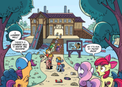 Size: 1892x1350 | Tagged: safe, artist:brenda hickey, idw, official comic, apple bloom, filthy rich, scootaloo, sweetie belle, earth pony, pegasus, pony, unicorn, g4, spoiler:comic, spoiler:comicspiritoftheforest01, apple core, bottle, building, construction pony, cutie mark crusaders, female, filly, foal, forest, hard hat, lumber mill, male, speech bubble, stallion, trash, whitetail woods