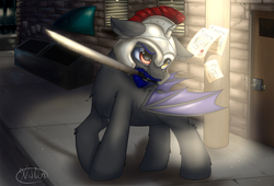 Size: 3620x2459 | Tagged: safe, artist:avery-valentine, bat pony, pony, high res, mouth hold, solo, sword, weapon