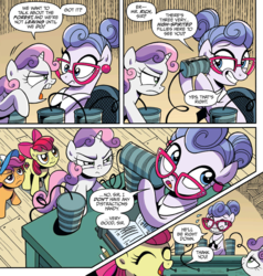 Size: 1948x2044 | Tagged: safe, artist:brendahickey, idw, official comic, apple bloom, lavender rhinestone, scootaloo, sweetie belle, earth pony, pony, unicorn, g4, spoiler:comic, spoiler:comicspiritoftheforest01, apple bloom is not amused, assertive, cap, comic, cutie mark crusaders, female, filly, foal, glasses, grin, hat, implied filthy rich, mare, receptionist, scootaloo is not amused, secretary, sheepish grin, smiling, speech bubble, sweat, sweetie belle is not amused, tin can, tin can telephone, unamused