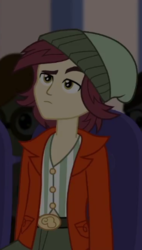 Size: 248x437 | Tagged: safe, screencap, normal norman, equestria girls, g4, my little pony equestria girls: better together, opening night, background human, clothes, cropped, cyoa, hat, male, solo focus, unamused