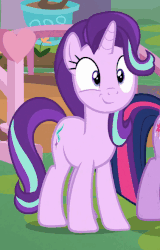 Size: 377x588 | Tagged: safe, screencap, starlight glimmer, twilight sparkle, alicorn, pony, unicorn, g4, school daze, season 8, :t, animated, aside glance, cropped, cute, eye contact, female, flower, gif, glimmerbetes, happy, heart, looking at each other, mare, smiling, solo focus, squee, twilight sparkle (alicorn), underhoof, wide eyes