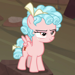Size: 410x410 | Tagged: safe, screencap, cozy glow, pegasus, pony, frenemies (episode), g4, cropped, female, filly, freckles, smiling, solo, spread wings, tail, wings