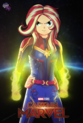 Size: 1367x2023 | Tagged: safe, artist:ngrycritic, sunset shimmer, equestria girls, g4, adventure in the comments, armor, brazil, captain marvel, captain marvel (marvel), clothes, cosplay, costume, crossover, equestria girls logo, female, fernanda bullara, fiery shimmer, looking at you, marvel, marvel cinematic universe, poster, solo, uotapo-ish, voice actor joke
