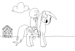 Size: 650x450 | Tagged: safe, derpy hooves, oc, oc:anon, pony, msponyadventures, g4, 4chan, black and white, grayscale, monochrome, ponyville, riding