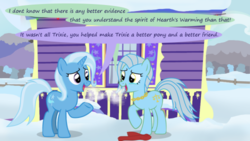 Size: 500x281 | Tagged: safe, artist:evil-dec0y, trixie, oc, earth pony, pony, unicorn, comic:trixie vs., comic:trixie vs. hearth's warming, g4, crying, duo, duo female, female, open mouth, speech bubble, tears of joy