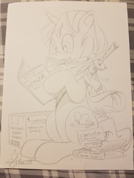 Size: 4032x3024 | Tagged: safe, artist:andypriceart, oc, oc:flitter flutter, pony, unicorn, acme, book, carrot, food, kill bill, lineart, photo, signature, solo