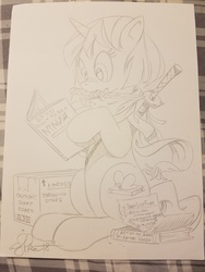 Size: 4032x3024 | Tagged: safe, artist:andy price, oc, oc:flitter flutter, pony, unicorn, acme, book, carrot, food, kill bill, lineart, photo, signature, solo