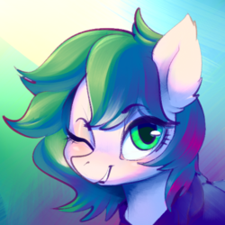 Size: 512x512 | Tagged: safe, artist:lunarmarshmallow, oc, oc only, oc:dankflank, earth pony, pony, abstract background, bust, earth pony oc, one eye closed, smiling, solo, wink