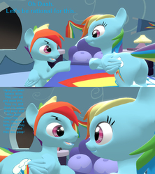 Size: 1280x1439 | Tagged: safe, rainbow dash, pegasus, pony, g4, 3d, bed, bedroom, butt, comic, explaining, female, holding, implied pregnancy, kneeling, looking at each other, male, plot, rainbow blitz, rainbutt blitz, rainbutt dash, reference, rule 63, self ponidox, selfcest, ship:dashblitz, shipping, shrek, shrek the third, smiling, source filmmaker, straight