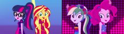 Size: 1440x404 | Tagged: safe, pinkie pie, rainbow dash, sci-twi, sunset shimmer, twilight sparkle, equestria girls, g4, i'm on a yacht, my little pony equestria girls: better together, comparison, neon eg logo, sleeveless