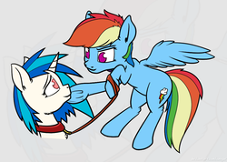 Size: 1040x740 | Tagged: safe, artist:umgaris, dj pon-3, rainbow dash, vinyl scratch, pegasus, pony, unicorn, g4, collar, female, femdom, femsub, flying, frog (hoof), lesbian, looking up, pet play, shipping, submissive, underhoof, vinyldash, wrong eye color, zoom layer