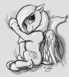 Size: 1300x1450 | Tagged: safe, artist:trefoiler, oc, oc only, oc:burning shadow, pegasus, pony, vampire, vampony, female, folded wings, grayscale, looking at you, lying on bed, mare, monochrome, on side, sketch, solo, wings