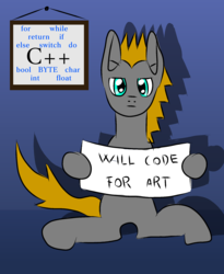 Size: 1608x1964 | Tagged: safe, artist:platinumdrop, derpibooru exclusive, oc, oc only, oc:platinumdrop, pegasus, pony, c++, male, sign, solo, stallion, will x for y