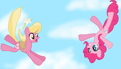 Size: 1024x586 | Tagged: safe, artist:brokenhero0409, lily, lily valley, pinkie pie, earth pony, pony, g4, cloud, falling, falling with style, flower, freefall, lily (flower), shocked, sky, skydiving, smiling, upside down