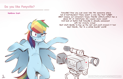 Size: 3036x1954 | Tagged: safe, artist:icychamber, rainbow dash, pegasus, pony, g4, camera, female, simple background, solo, text, video camera, white background