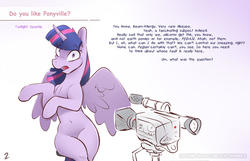 Size: 1280x824 | Tagged: safe, artist:icychamber, twilight sparkle, alicorn, pony, g4, belly button, camera, female, simple background, sitting, solo, text, twilight sparkle (alicorn), video camera, white background