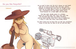 Size: 1280x824 | Tagged: safe, artist:icychamber, applejack, earth pony, pony, g4, applejack's hat, camera, cowboy hat, female, funetik aksent, guitar, hat, simple background, sitting, solo, text, video camera, white background