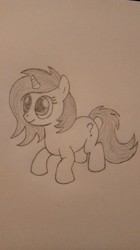 Size: 584x1040 | Tagged: safe, artist:eatcarbs, oc, oc only, oc:filly anon, pony, unicorn, female, filly, question mark, sketch, smiling, traditional art