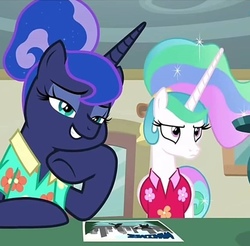 Size: 639x630 | Tagged: safe, screencap, princess celestia, princess luna, pony, between dark and dawn, g4, celestia is not amused, cropped, faic, hoof on cheek, post office, postcard, that pony sure does love the post office, unamused