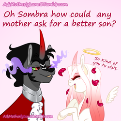 Size: 648x647 | Tagged: safe, artist:eve-of-halloween, king sombra, oc, oc:queen wysteria, oc:wysteria, angel, pony, unicorn, hallowverse, tumblr:askmotherlyluna, g4, albino, alternate universe, ask, askmotherlyluna, colored horn, curved horn, dead, family, female, hallowverse:wysteria, horn, male, mare, mother and son, mother's day, one eye closed, red eyes, rose petals, sombra eyes, sombra horn, squee, stallion, tumblr, wink