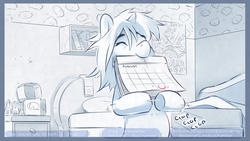 Size: 1280x721 | Tagged: safe, artist:icychamber, pony, unicorn, comic:the secret life of rarity, bed, calendar, comic, onomatopoeia, solo, text