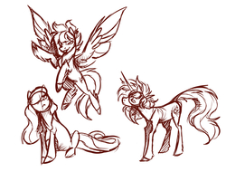 Size: 4470x3394 | Tagged: safe, artist:the-blackeye, oc, oc:featherlight, oc:spectrum blast, unnamed oc, earth pony, pegasus, pony, unicorn, design, female, g5 concept leak style, horn, mare, monochrome, redesign, rough sketch, sketch, wings