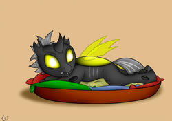 Size: 1024x721 | Tagged: safe, artist:atomfliege, oc, oc only, oc:warplix, changeling, basket, changeling oc, looking at you, male, pillow, pony in a basket, simple background, solo, yellow changeling