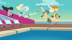 Size: 1280x720 | Tagged: safe, screencap, baewatch, derpy hooves, lyra heartstrings, octavia melody, sandalwood, valhallen, equestria girls, g4, i'm on a yacht, my little pony equestria girls: better together, anatomically incorrect, belly button, bikini, clothes, feet, female, flip-flops, incorrect leg anatomy, legs, male, male feet, midriff, sandals, shorts, swimming pool, swimming trunks, swimsuit