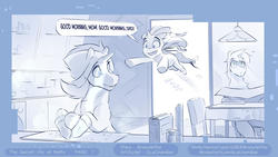 Size: 1280x721 | Tagged: safe, artist:icychamber, rarity, pony, comic:the secret life of rarity, g4, comic, jumping, onomatopoeia, rarity's parents, speech bubble
