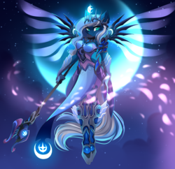 Size: 5647x5462 | Tagged: safe, artist:airiniblock, oc, oc:vivid tone, pegasus, anthro, rcf community, armor, armor skirt, beautiful, boots, breasts, clothes, commission, cosplay, costume, crown, female, jewelry, mare, mercy, overwatch, regalia, shoes, skirt, solo, unconvincing armor, wings