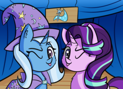 Size: 2707x1975 | Tagged: safe, artist:artiks, starlight glimmer, trixie, pony, unicorn, g4, :p, cape, clothes, duo, female, hat, mare, one eye closed, smiling, stage, tongue out, trixie's cape, trixie's hat, wink