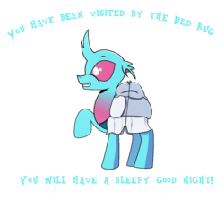 Size: 1222x1088 | Tagged: safe, artist:dsana, edit, oc, oc only, oc:dopple, changedling, changeling, bed bug, grin, male, meme, pillow, pun, raised hoof, simple background, smiling, transparent background, visual pun, you have been visited by