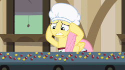 Size: 711x400 | Tagged: safe, screencap, fluttershy, pony, g4, season 2, the last roundup, animated, cherry, conveyor belt, cute, female, food, gif, loop, overwhelmed, scared, solo