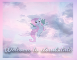 Size: 1152x907 | Tagged: safe, oc, oc only, pegasus, pony, album cover, blue, cloud, cloudsdale, photomanipulation, pink mane, purple eyes, solo, welcome
