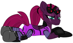 Size: 10986x6502 | Tagged: safe, alternate version, artist:ejlightning007arts, edit, tempest shadow, pony, unicorn, g4, my little pony: the movie, absurd resolution, alternate hairstyle, anatomically incorrect, anna sroka-hryń, boots, broken horn, butt, clothes, crossover, eye scar, female, gloves, headset, horn, incorrect leg anatomy, looking at you, mare, overwatch, plot, ponytail, scar, shoes, simple background, skinsuit, solo, transparent background, visor, voice actor joke, widowmaker, widowtempest