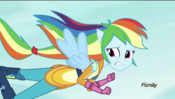 Size: 1200x675 | Tagged: safe, edit, edited screencap, screencap, rainbow dash, equestria girls, g4, my little pony equestria girls: friendship games, boots, clothes, female, flying, gloves, motocross outfit, motorcross, ponied up, pony ears, shoes, solo, teeth, wings